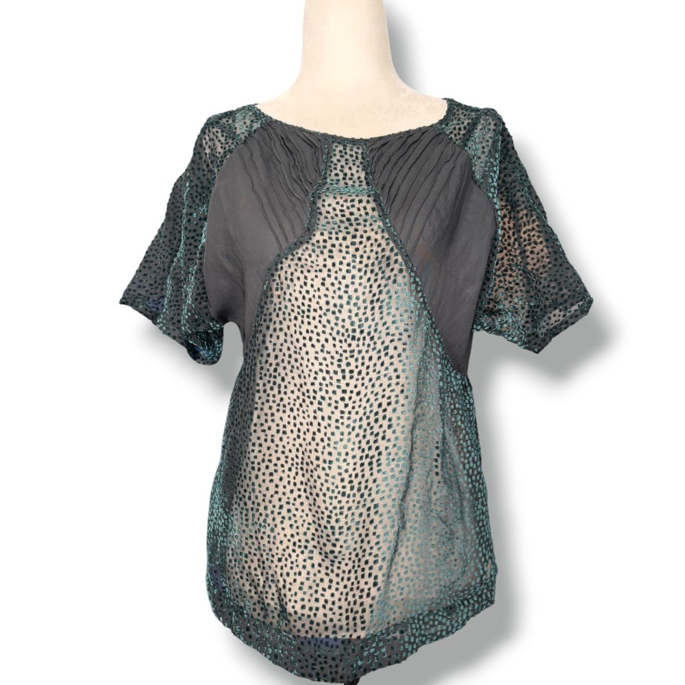 Lerario Beatriz Teal Velvet Burnout Mesh Blouse Sheer Pleated Top Black Pintuck
